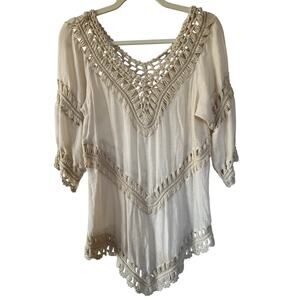 Bohemian Crochet Semi Sheer Coverup Top Layer Cream Renaissance - XS-M Beach
